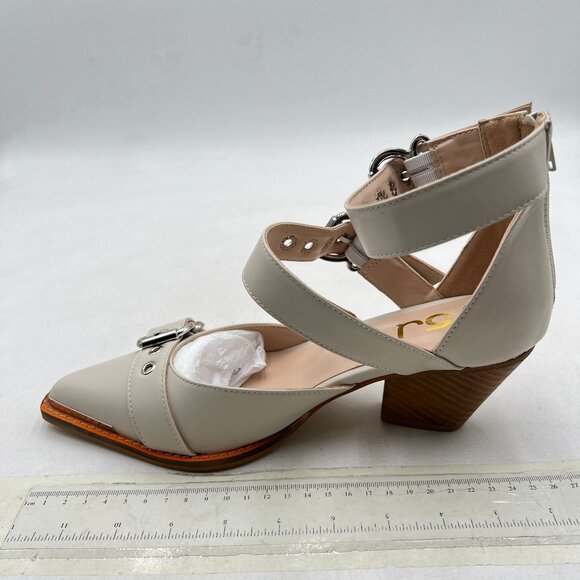 FSJ Beige Pointed Toe Metal Buckle Hollow Out Leather Strappy Wedge Heel Sandal - Picture 2 of 8